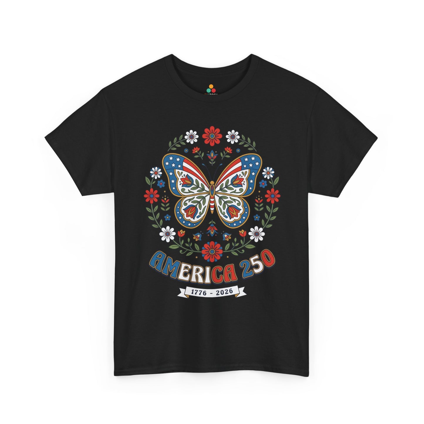 TEEZOCA 4th of July T-shirt with american flag butterfly shirt design, folk art flowers, gold accents, and patriotic wing details.
