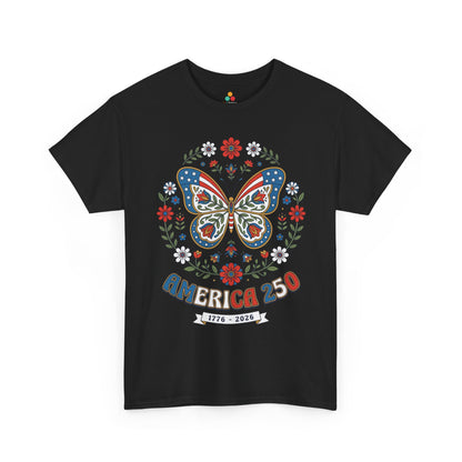 TEEZOCA 4th of July T-shirt with american flag butterfly shirt design, folk art flowers, gold accents, and patriotic wing details.
