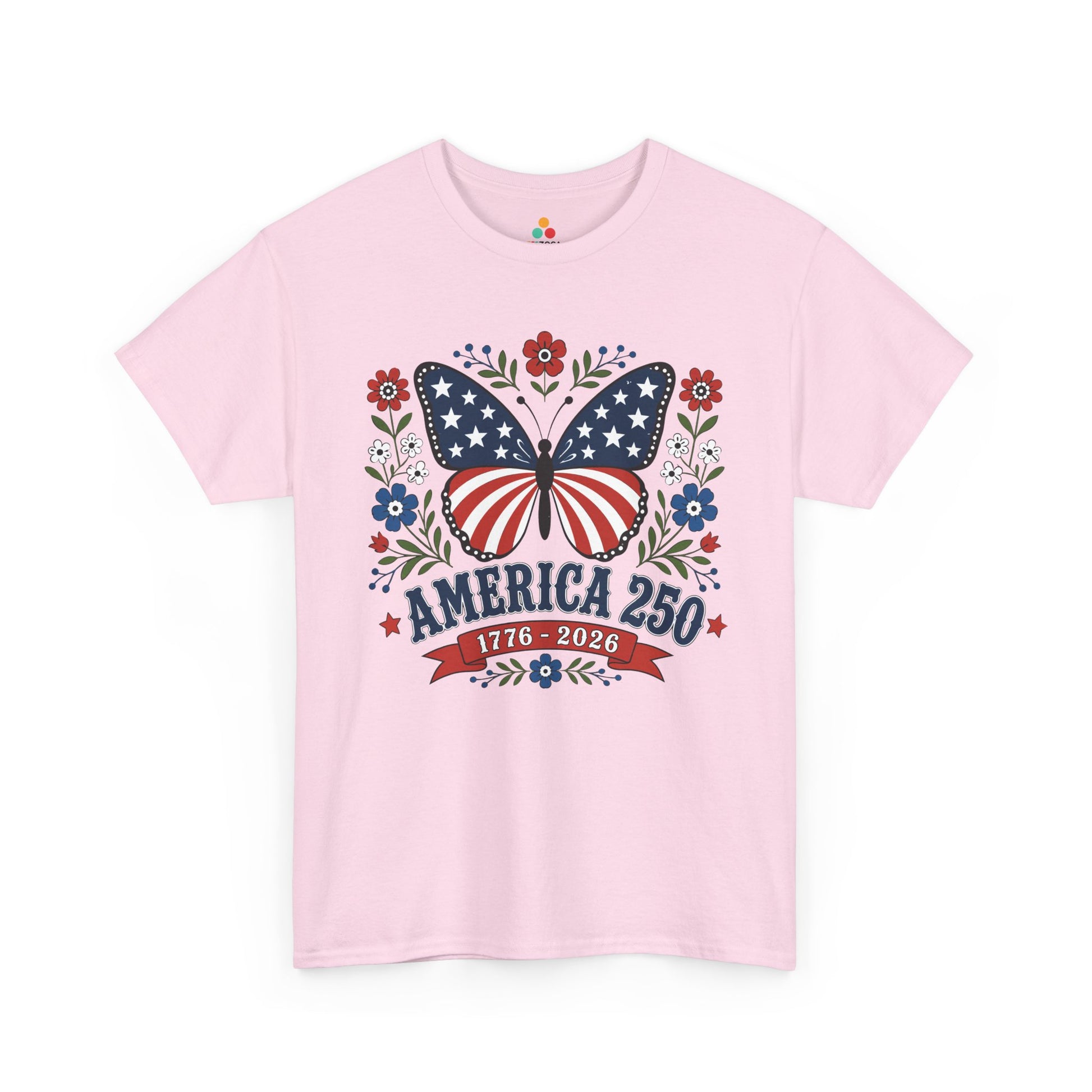 TEEZOCA 4th of July T-shirt with american flag butterfly shirt design, navy star wings, red striped wings, and floral wreath details.
