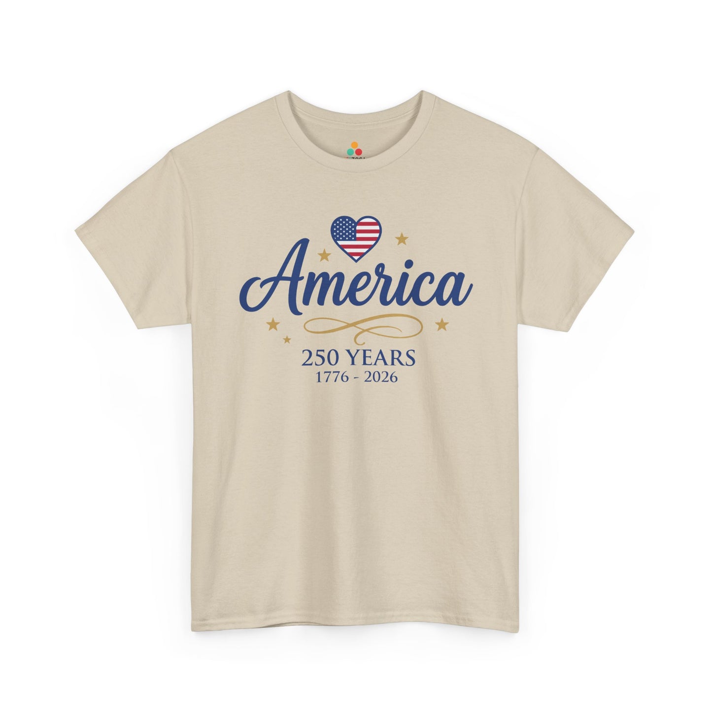 TEEZOCA 4th of July T-shirt with american flag heart shirt artwork, 250 Years lettering, gold stars, and formal patriotic style.
