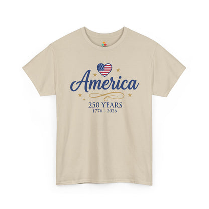 TEEZOCA 4th of July T-shirt with american flag heart shirt artwork, 250 Years lettering, gold stars, and formal patriotic style.
