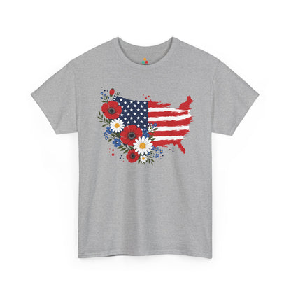 TEEZOCA 4th of July T-shirt with american flag shirt design, floral poppies, white daisies, blue blossoms, and patriotic map shape.

