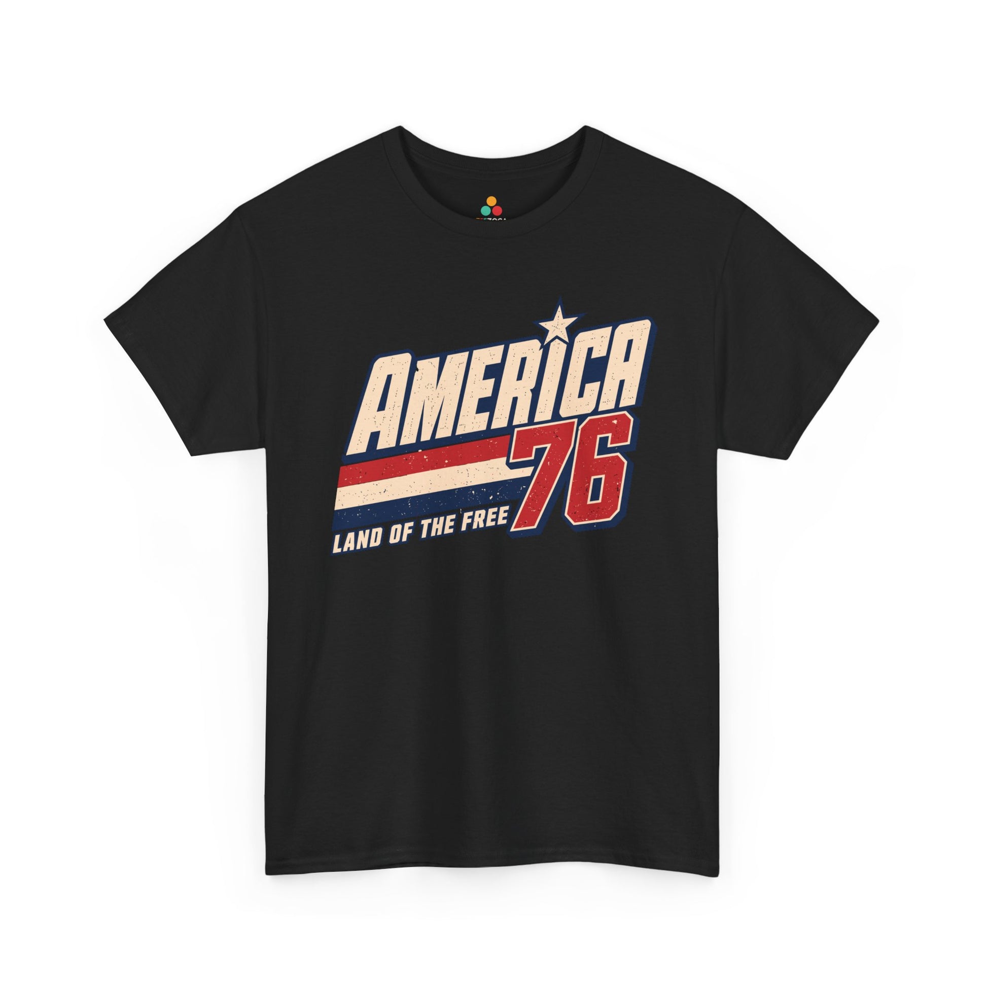 TEEZOCA 4th of July T-shirt with american vintage shirt styling, America 76 artwork, Land of the Free slogan, and sports jersey look.
