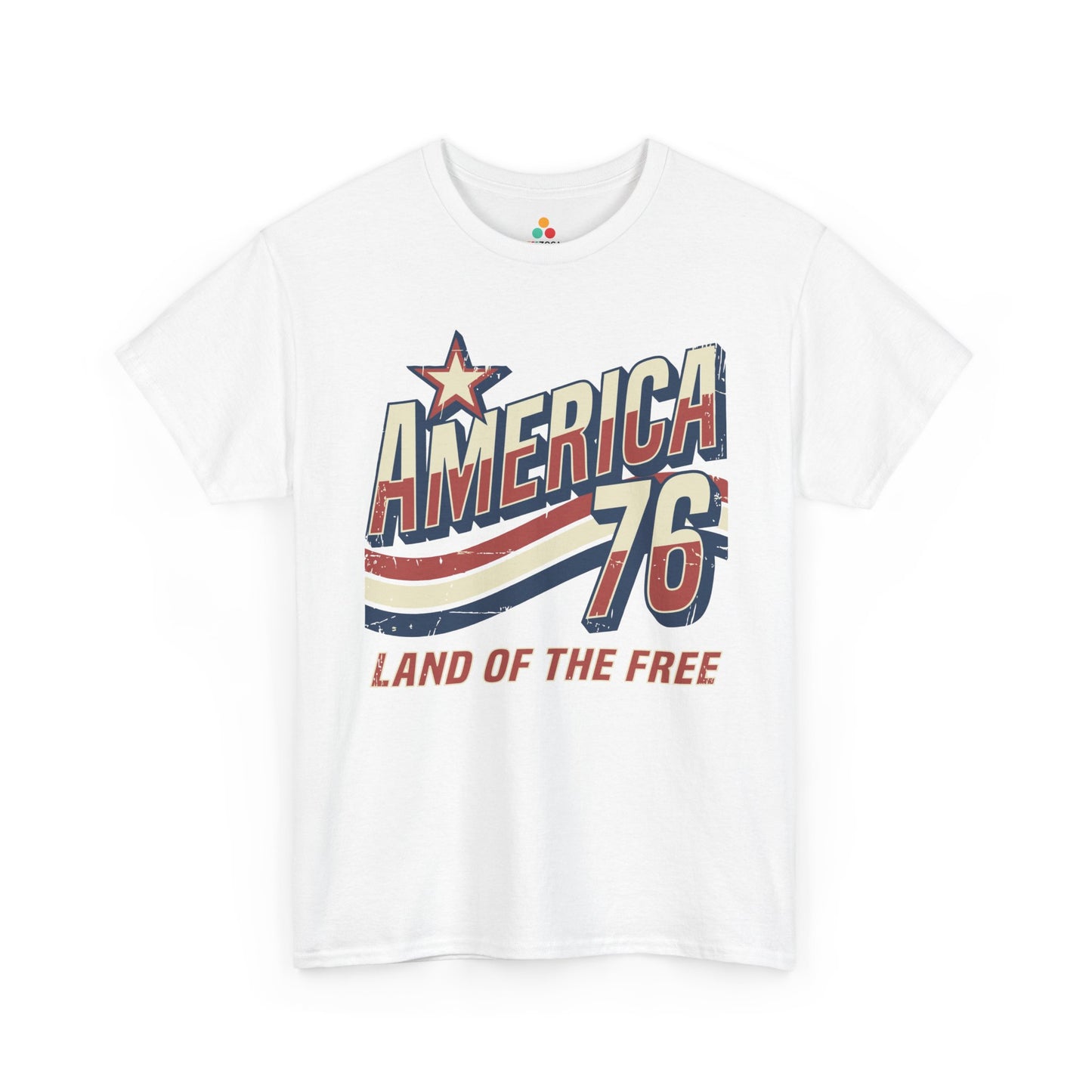 TEEZOCA 4th of July T-shirt with american vintage shirt styling, big 76 jersey numbers, Land of the Free slogan, and retro patriotic colors.
