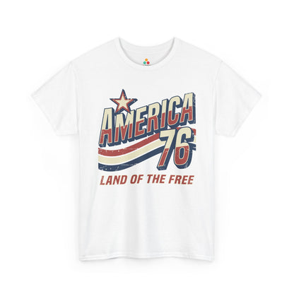 TEEZOCA 4th of July T-shirt with american vintage shirt styling, big 76 jersey numbers, Land of the Free slogan, and retro patriotic colors.
