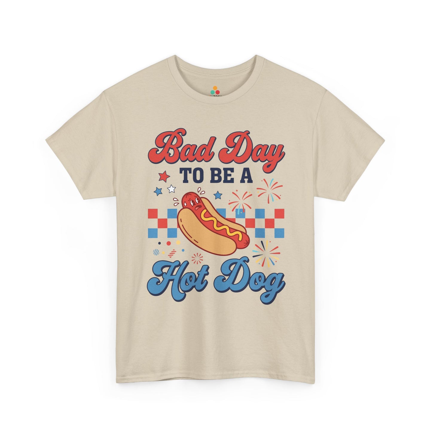 TEEZOCA 4th of July T-shirt with bad day to be a hot dog shirt artwork, scared hot dog, cursive typography, and BBQ humor.
