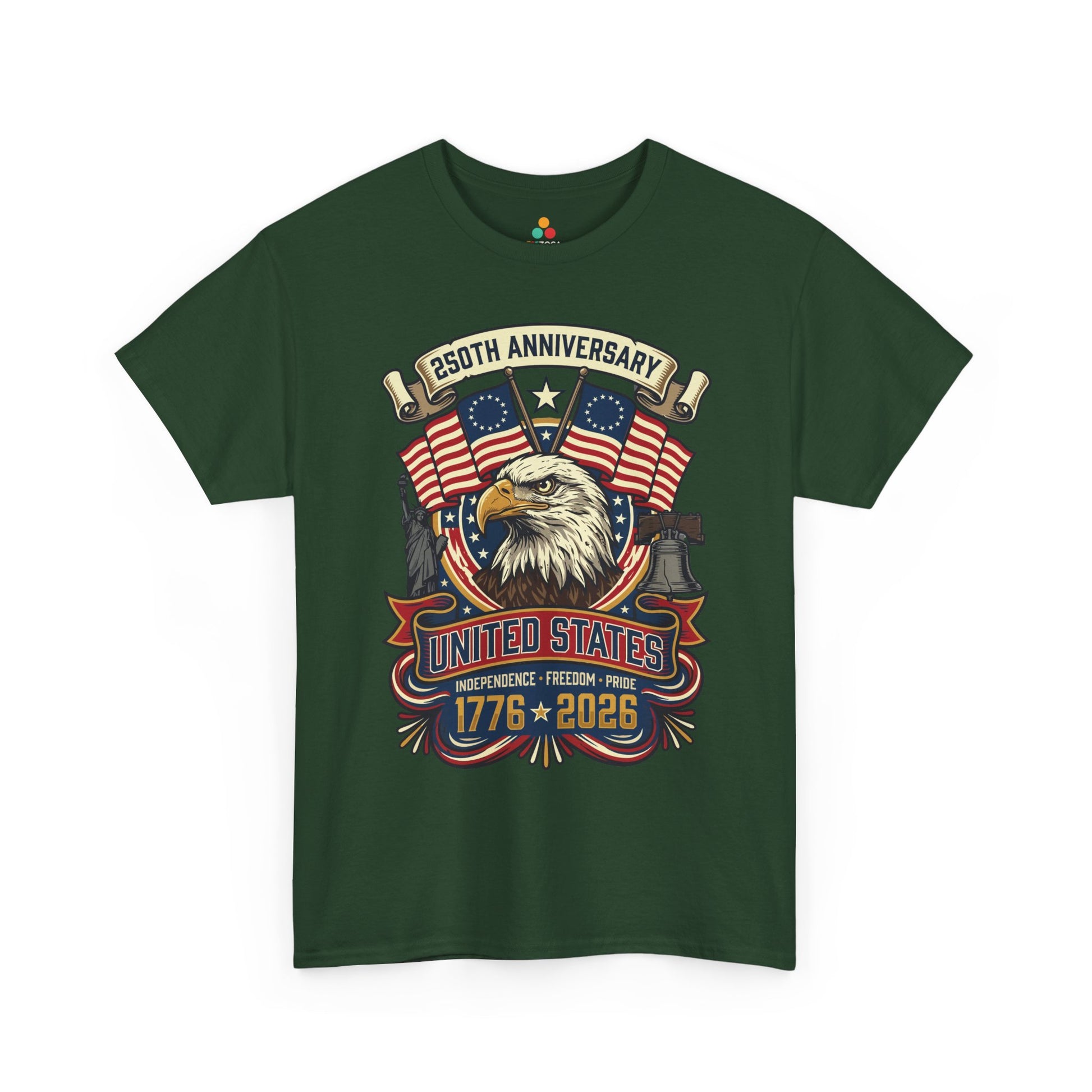 TEEZOCA 4th of July T-shirt with bald eagle american flag shirt artwork, Lady Liberty, Liberty Bell, and vintage Americana styling.
