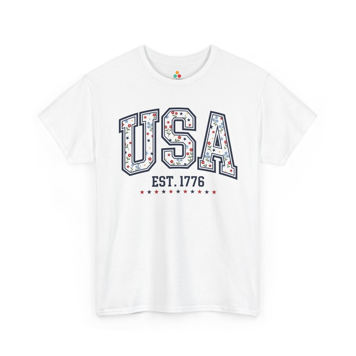 TEEZOCA 4th of July T-shirt with cute 4th of july tops styling, floral stars artwork, and Est. 1776 detail.
