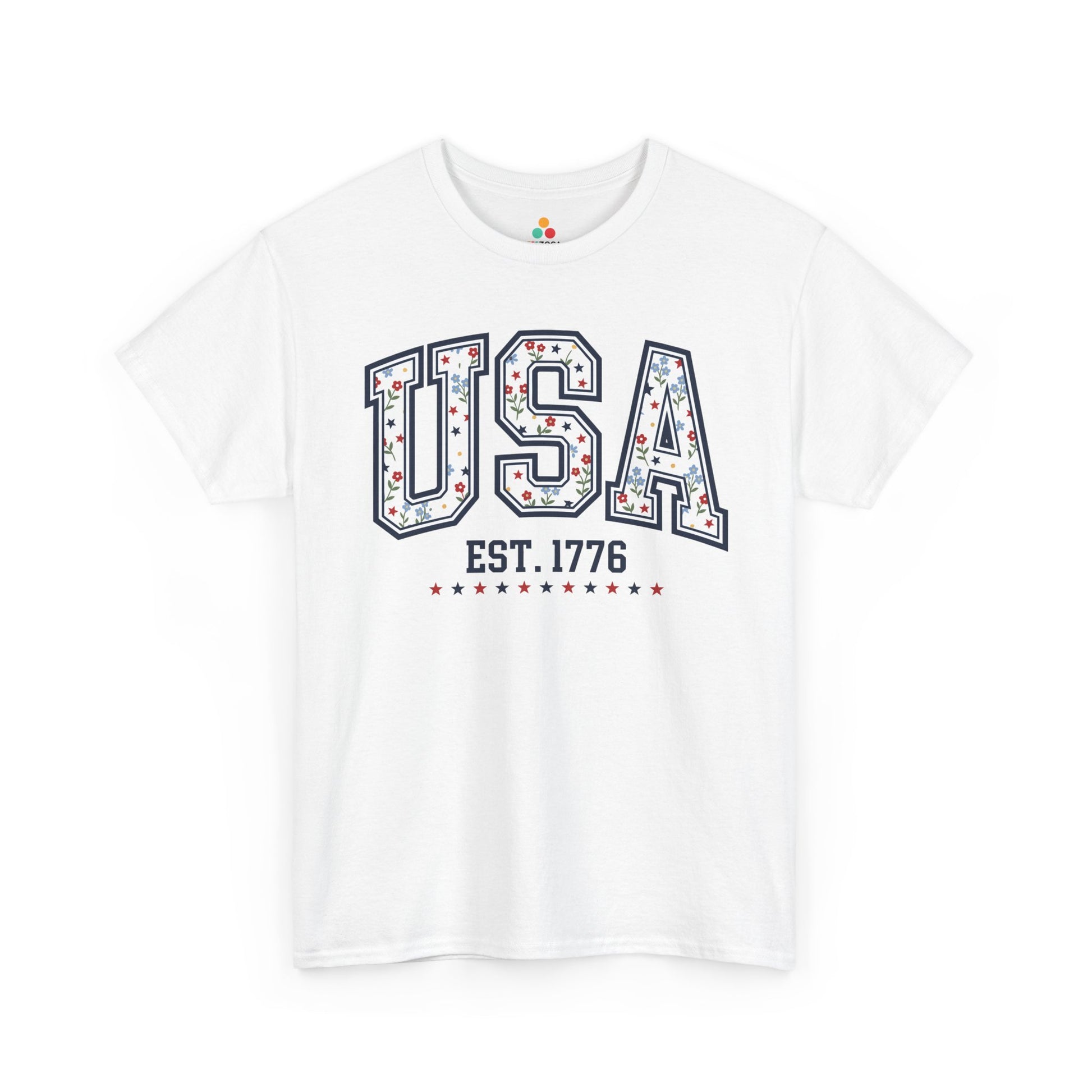 TEEZOCA 4th of July T-shirt with cute 4th of july tops styling, floral stars artwork, and Est. 1776 detail.
