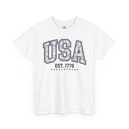 TEEZOCA 4th of July T-shirt with cute 4th of july tops styling, floral stars artwork, and Est. 1776 detail.
