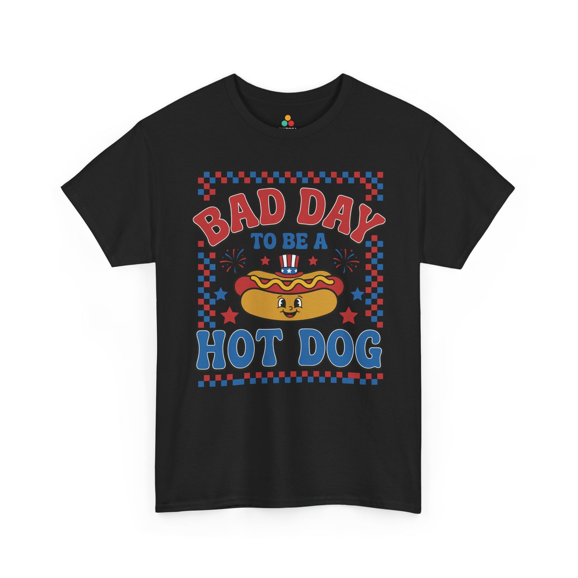TEEZOCA 4th of July T-shirt with funny hot dog shirt artwork, bold slogan, fireworks, and retro checkered patriotic frame.
