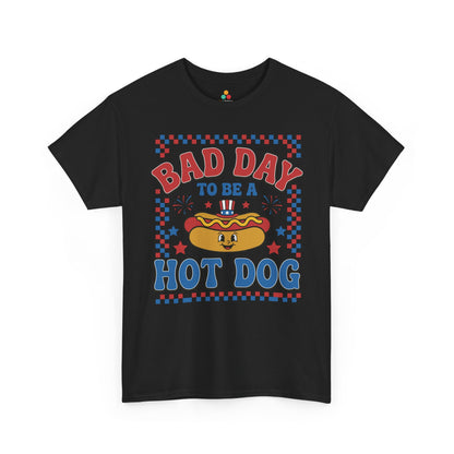 TEEZOCA 4th of July T-shirt with funny hot dog shirt artwork, bold slogan, fireworks, and retro checkered patriotic frame.
