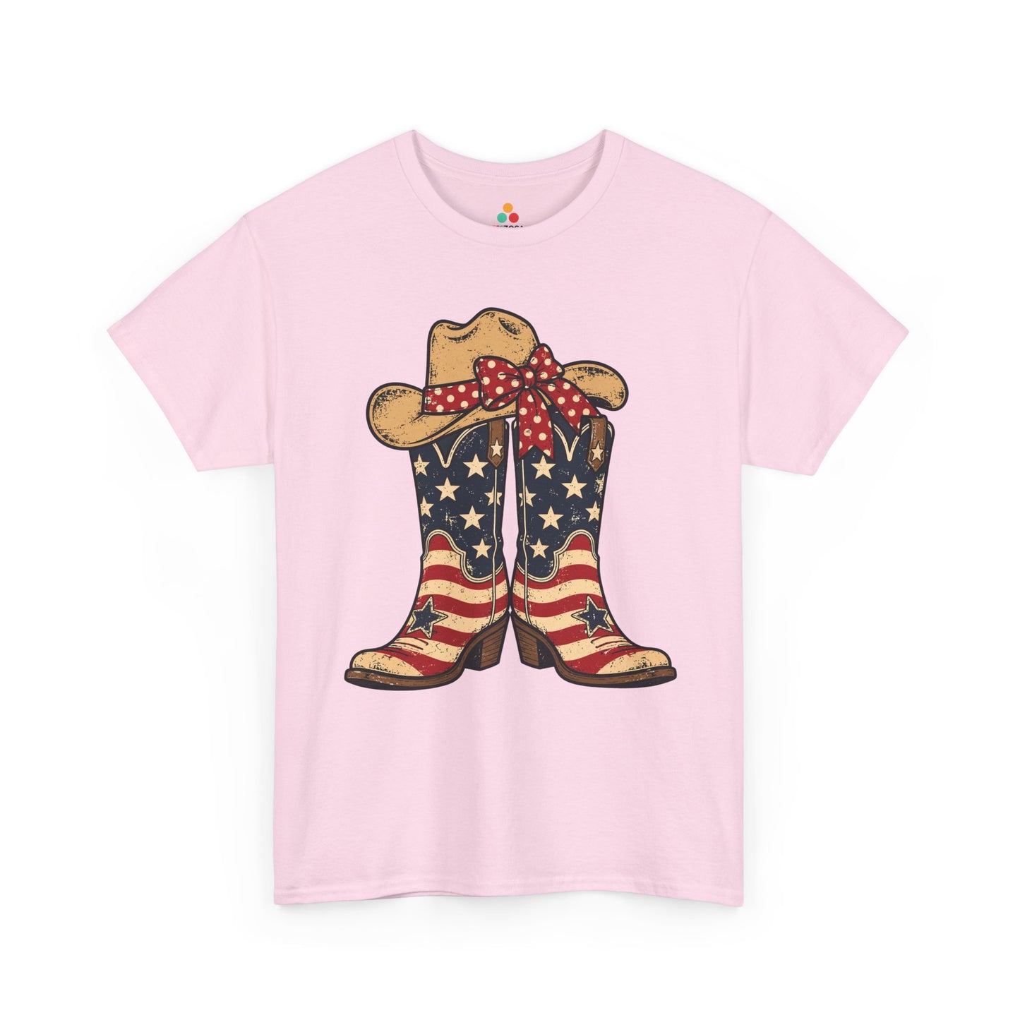 TEEZOCA 4th of July T-shirt with patriotic cowgirl shirt artwork, distressed boots, navy stars, red stripes, and country style.

