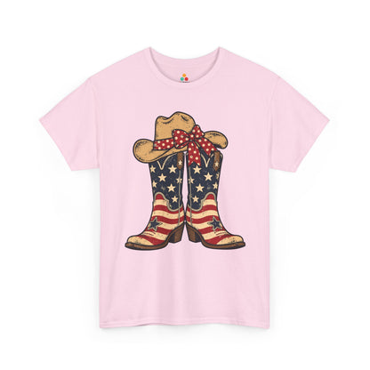 TEEZOCA 4th of July T-shirt with patriotic cowgirl shirt artwork, distressed boots, navy stars, red stripes, and country style.

