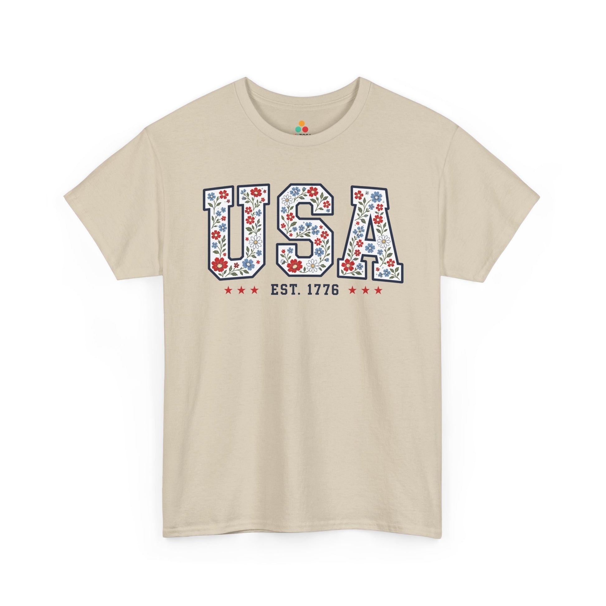 TEEZOCA 4th of July T-shirt with women's american flag shirt design, floral USA artwork, and Est. 1776 detail.
