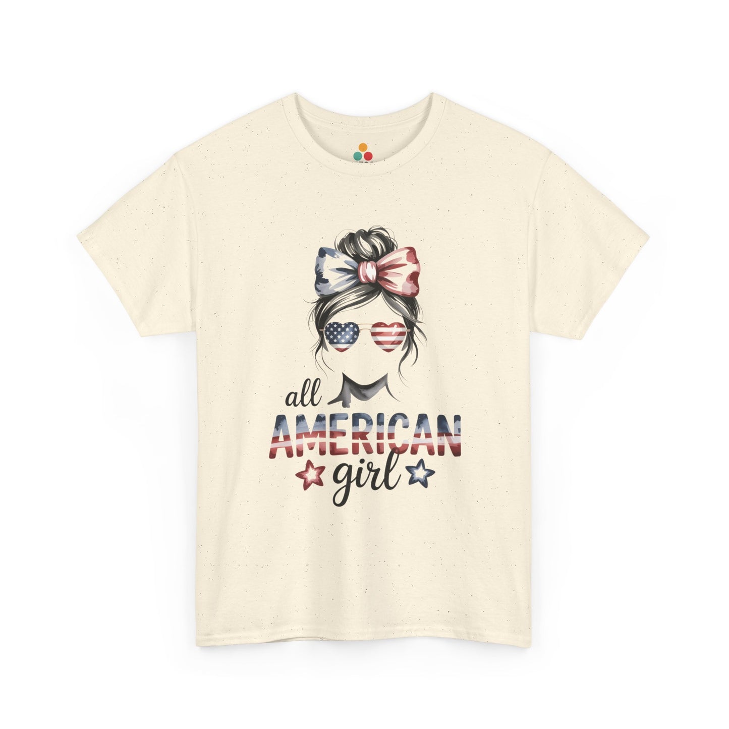 TEEZOCA 4th of July Women Shirt t-shirt showing a red, white, and blue bow with playful All American Girl artwork.
