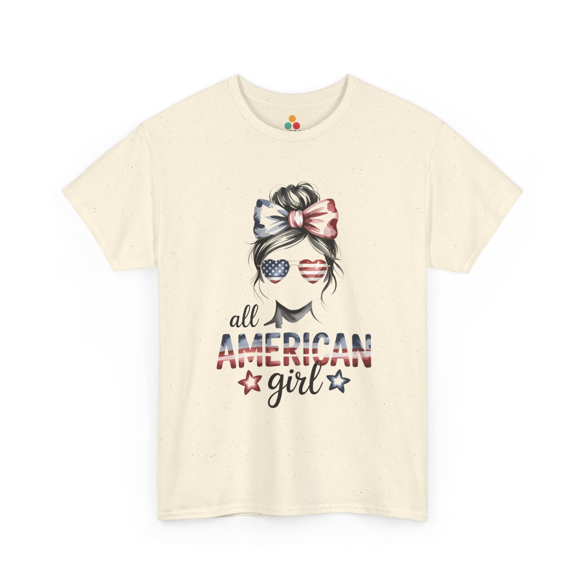 TEEZOCA 4th of July Women Shirt t-shirt showing a red, white, and blue bow with playful All American Girl artwork.
