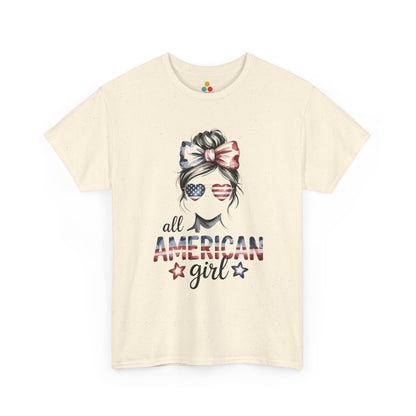 TEEZOCA 4th of July Women Shirt t-shirt showing a red, white, and blue bow with playful All American Girl artwork.
