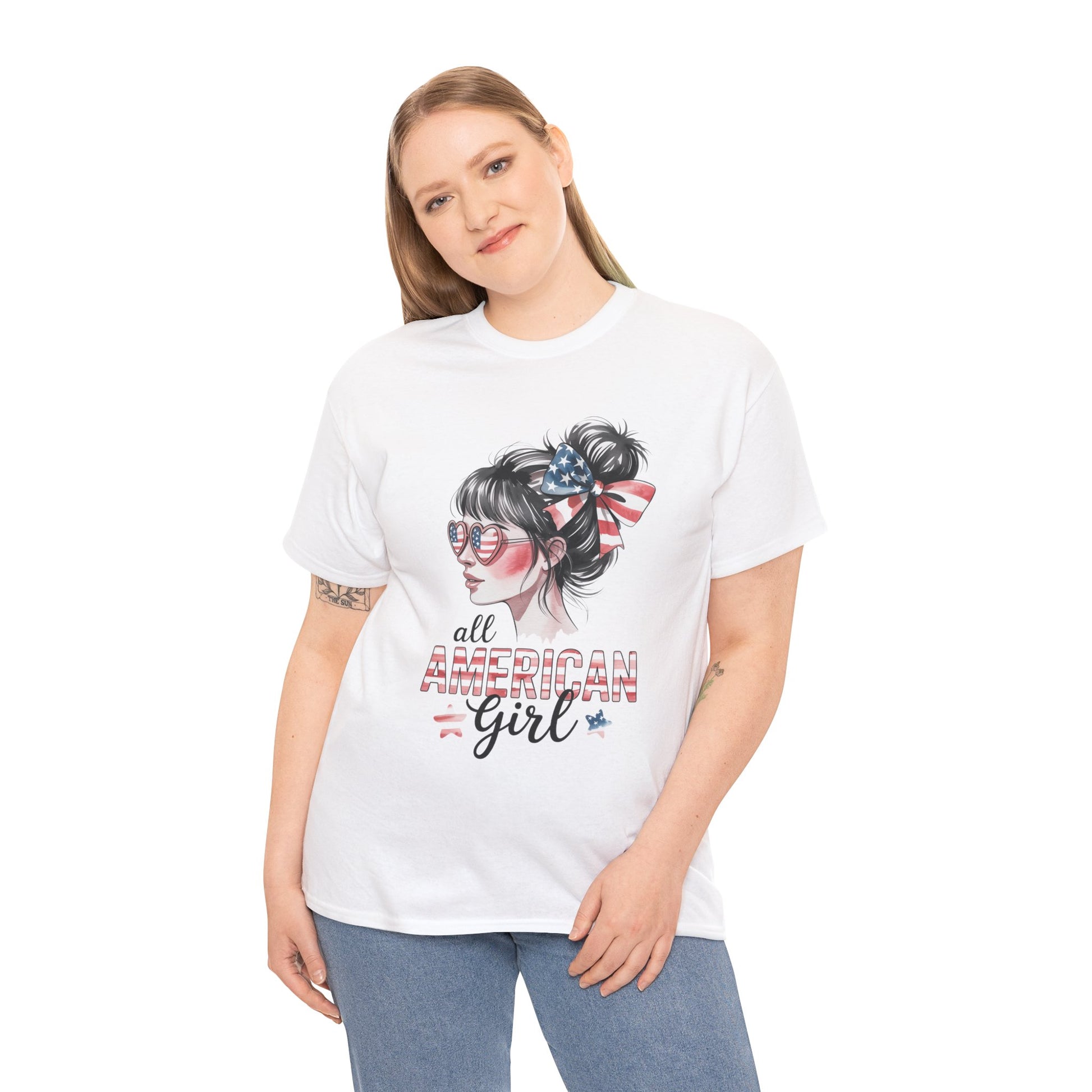 TEEZOCA 4th of July Women Shirt t-shirt with flag glasses, patriotic bow, and soft red, white, and blue artwork.
