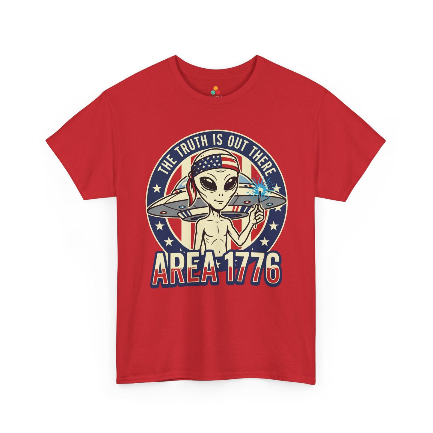 TEEZOCA 4th of July alien T-shirt with Area 1776 text, patriotic colors, UFO artwork, and a sci-fi humor design.
