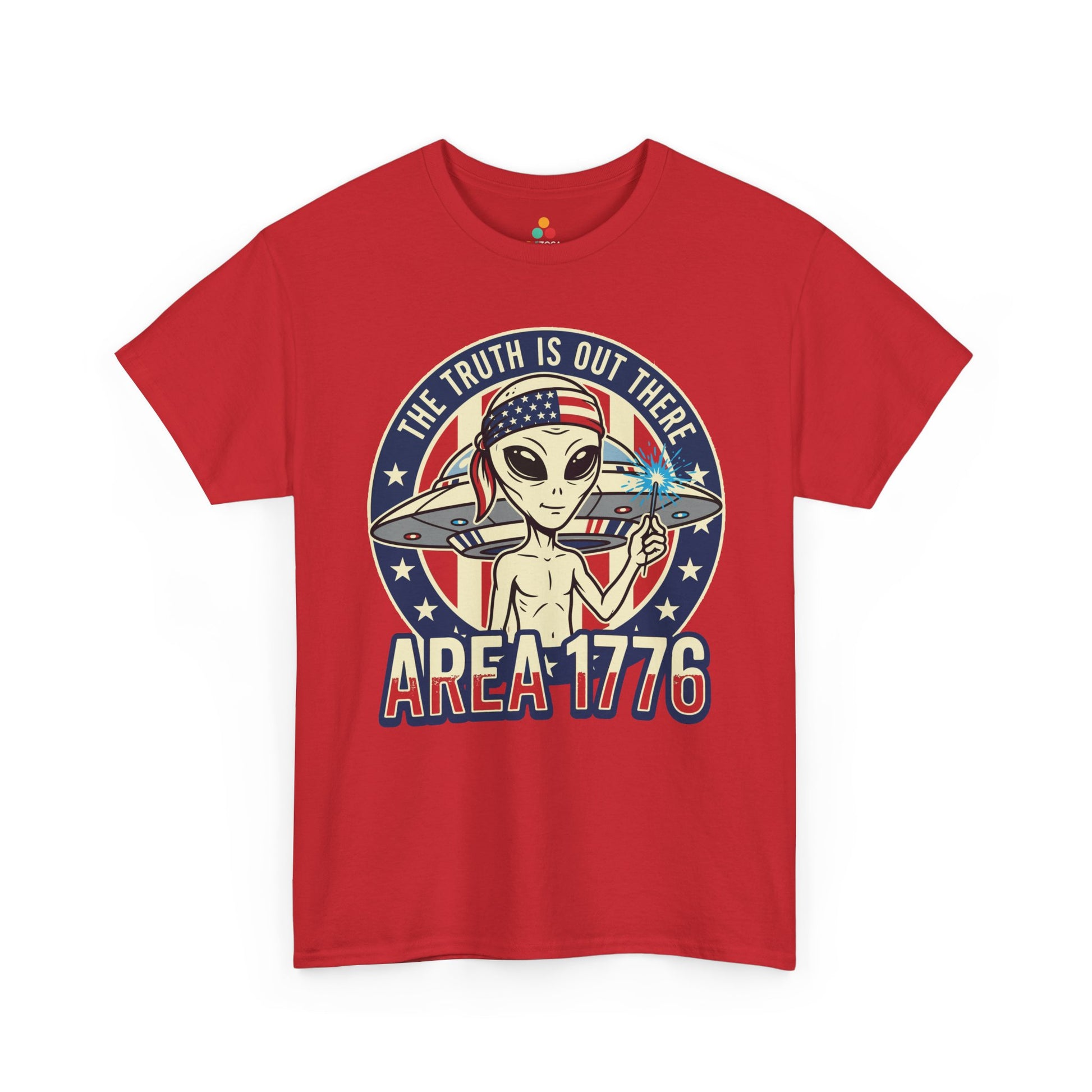 TEEZOCA 4th of July alien T-shirt with Area 1776 text, patriotic colors, UFO artwork, and a sci-fi humor design.
