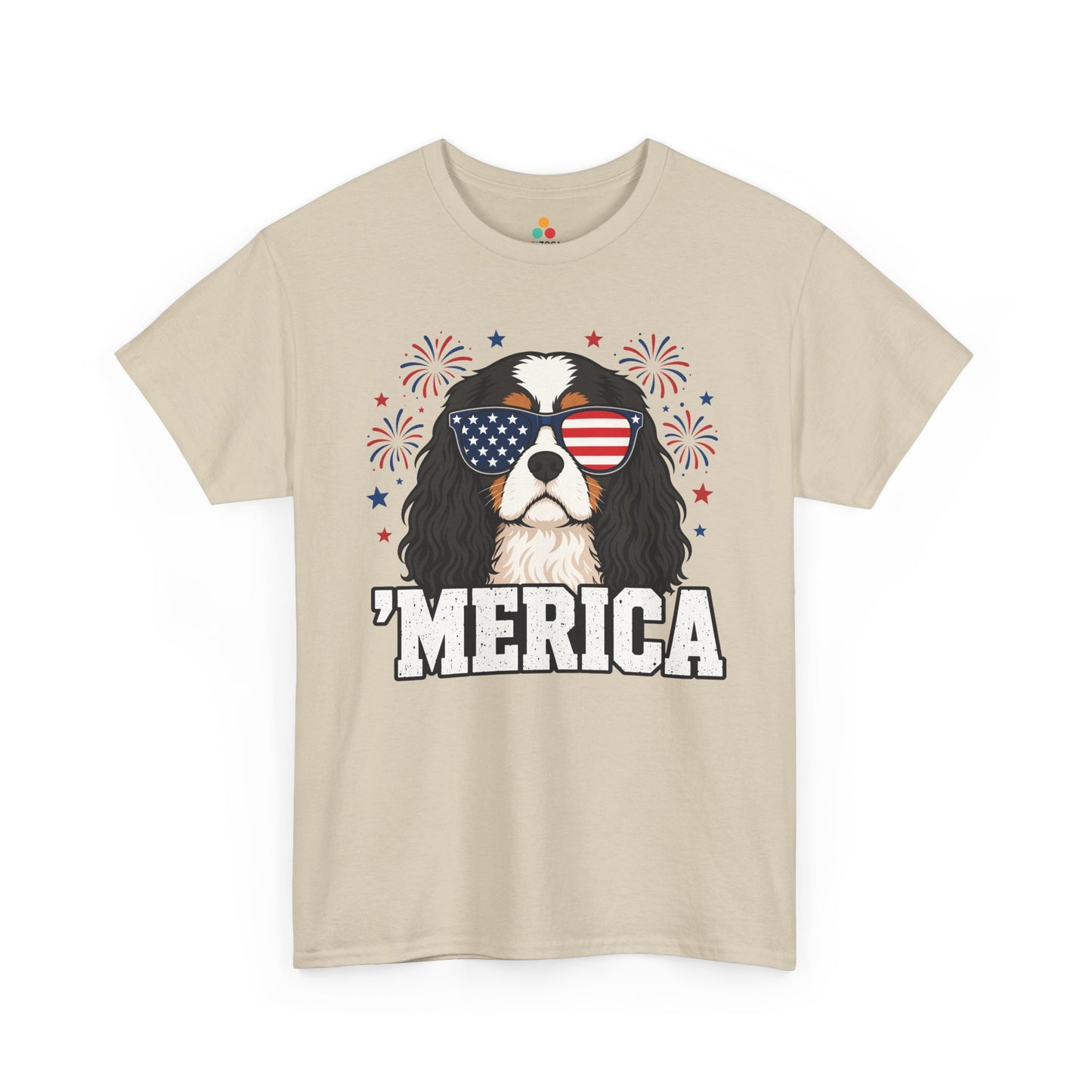 TEEZOCA 4th of July dog shirt t-shirt with Cavalier King Charles Spaniel artwork, flag sunglasses, stars, and bold Merica lettering.
