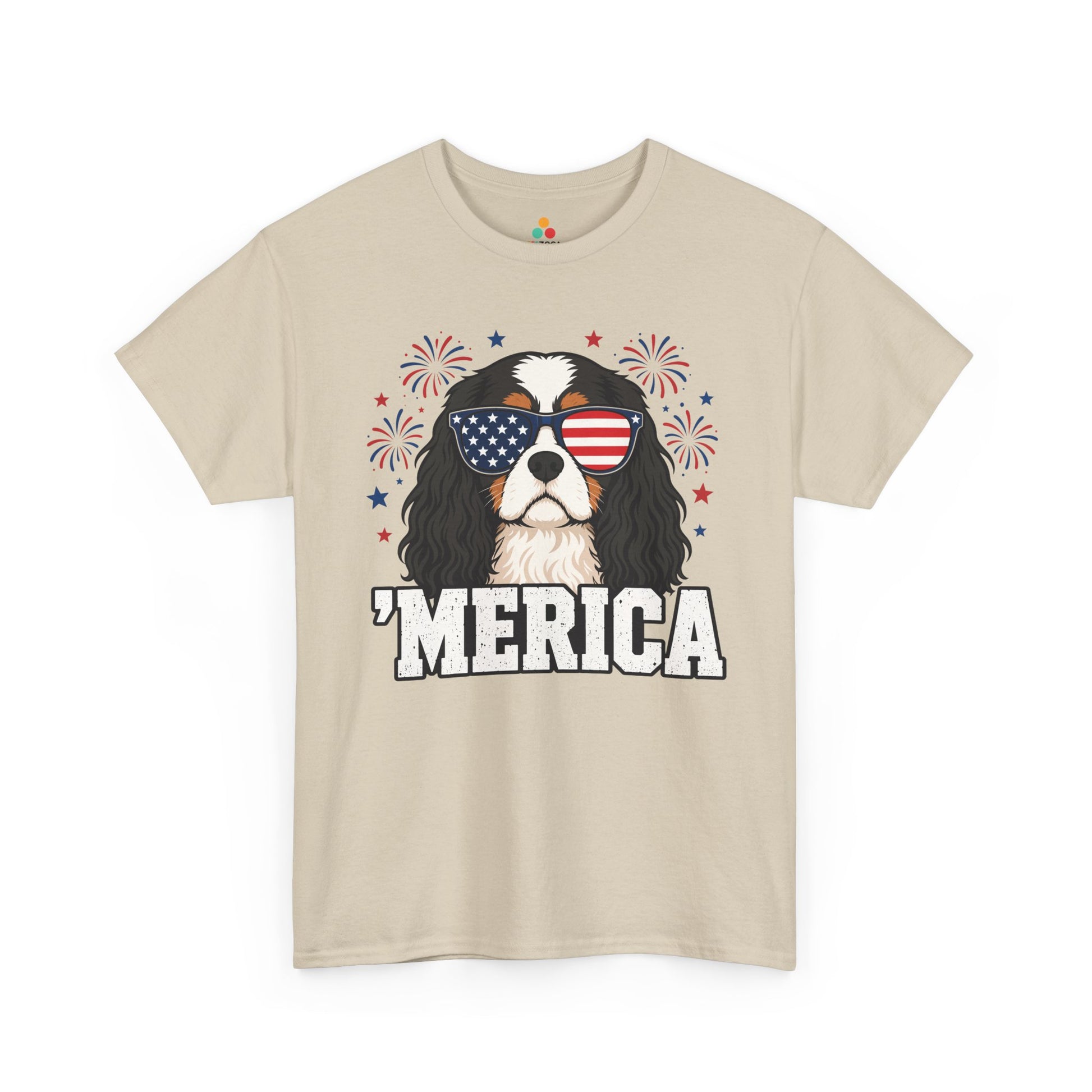 TEEZOCA 4th of July dog shirt t-shirt with Cavalier King Charles Spaniel artwork, flag sunglasses, stars, and bold Merica lettering.
