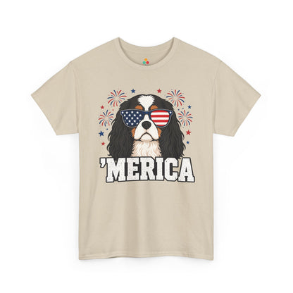 TEEZOCA 4th of July dog shirt t-shirt with Cavalier King Charles Spaniel artwork, flag sunglasses, stars, and bold Merica lettering.
