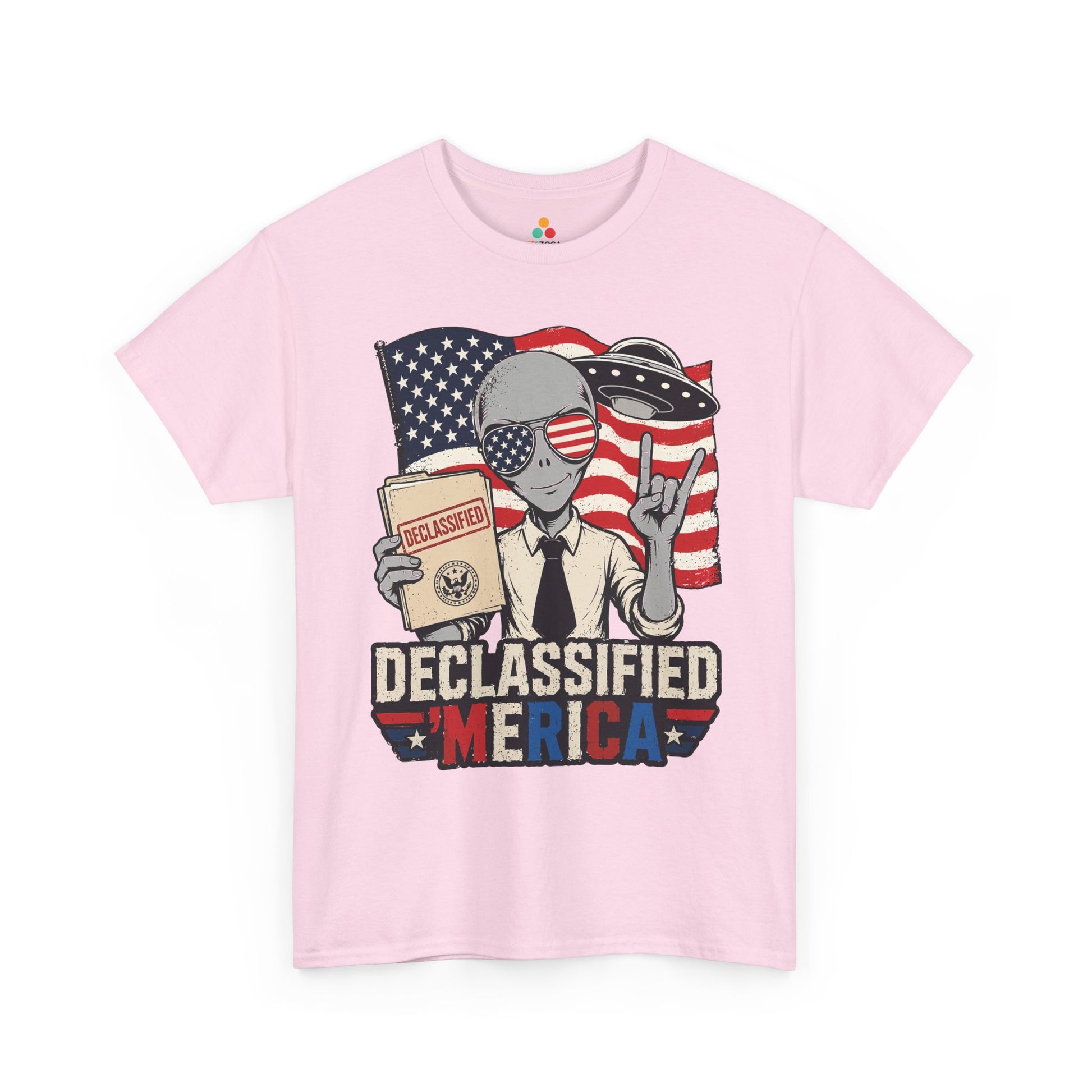 TEEZOCA 4th of July graphic T-shirt with an alien, UFO, red white and blue flag art, and Merica lettering.
