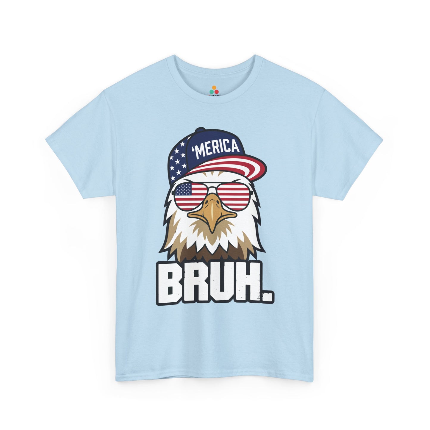 TEEZOCA 4th of July graphic light blue tee with funny usa shirts energy, eagle american flag shirt styling, and BRUH. slogan.