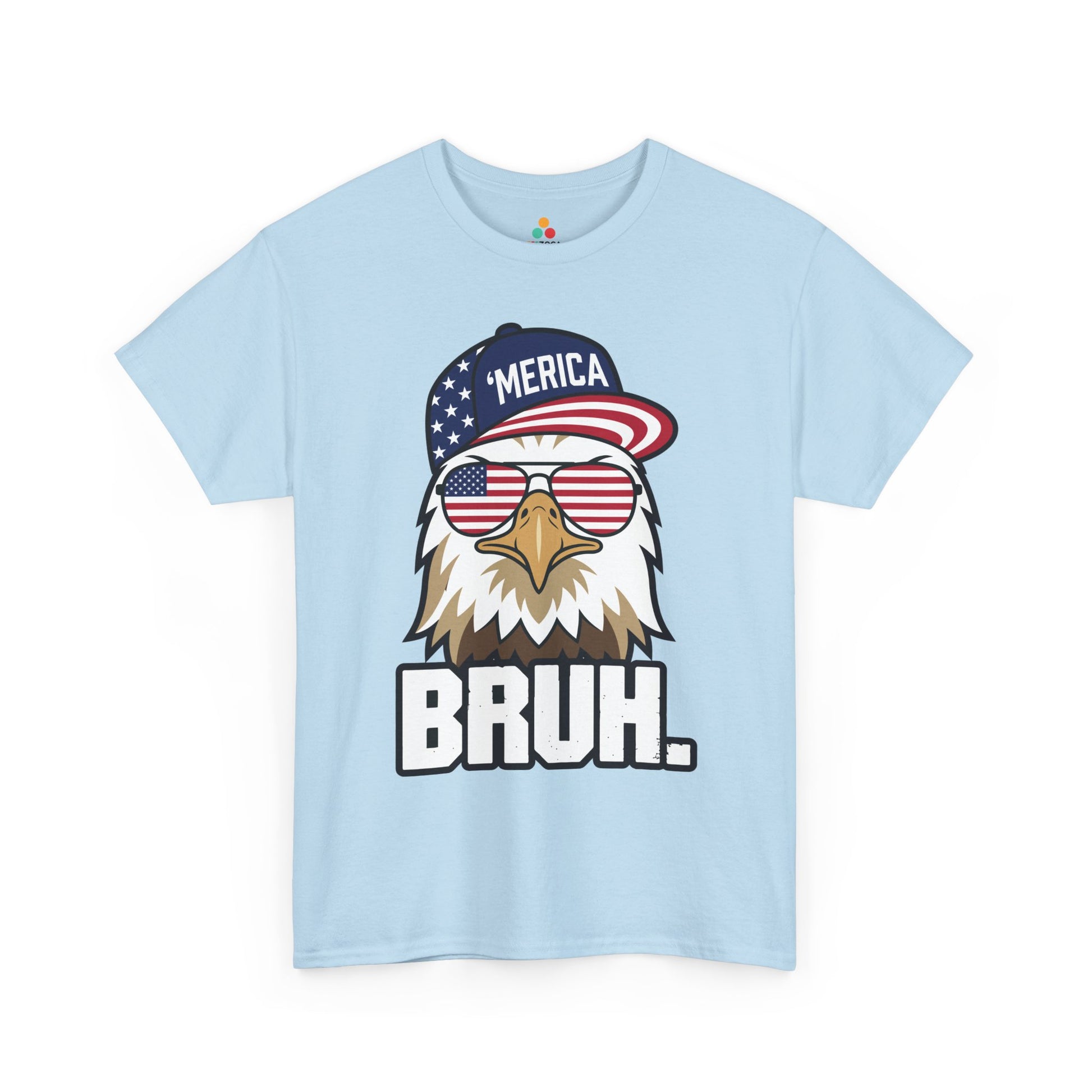 TEEZOCA 4th of July graphic light blue tee with funny usa shirts energy, eagle american flag shirt styling, and BRUH. slogan.