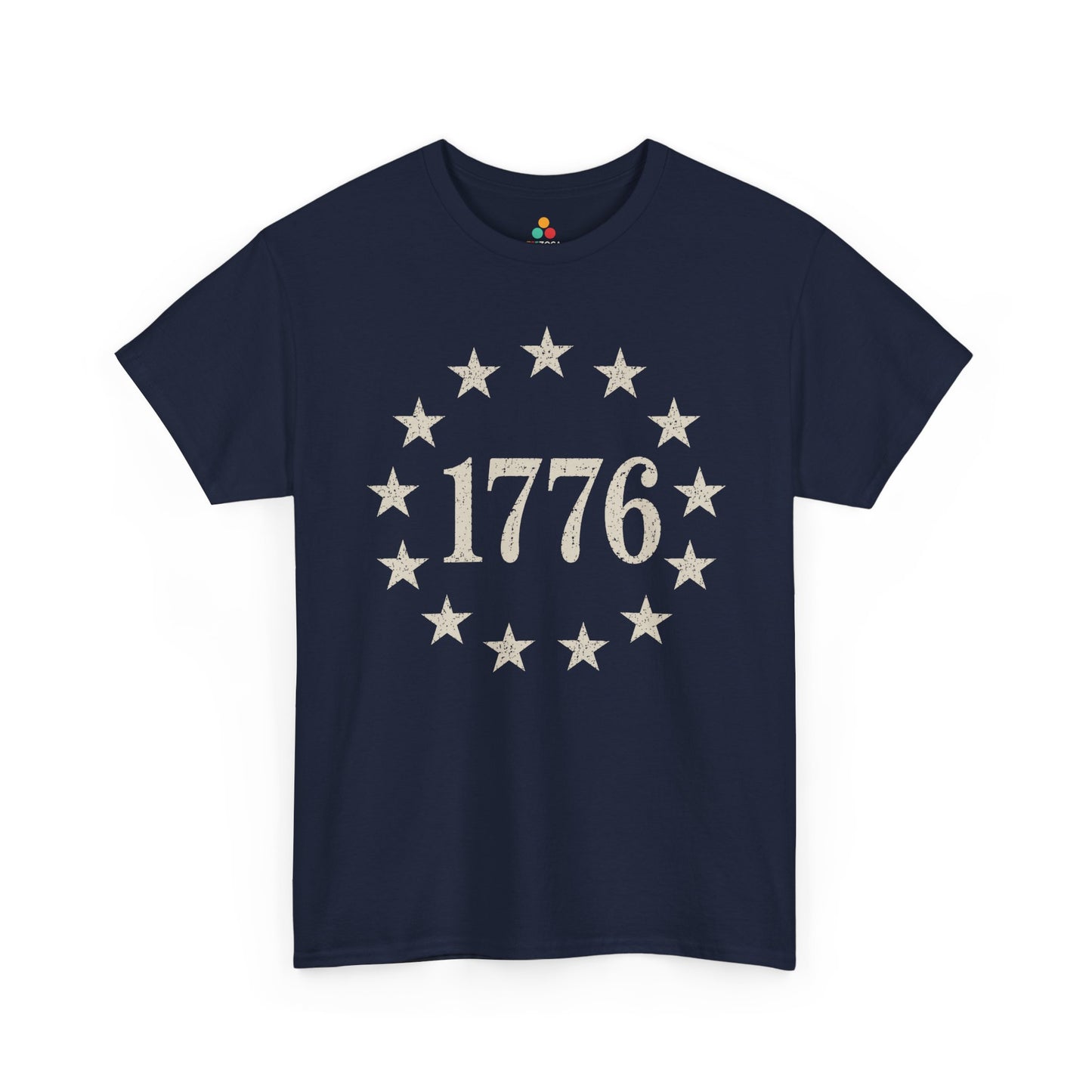 TEEZOCA 4th of July graphic tee showing a simple patriotic 1776 design with thirteen stars around the center.

