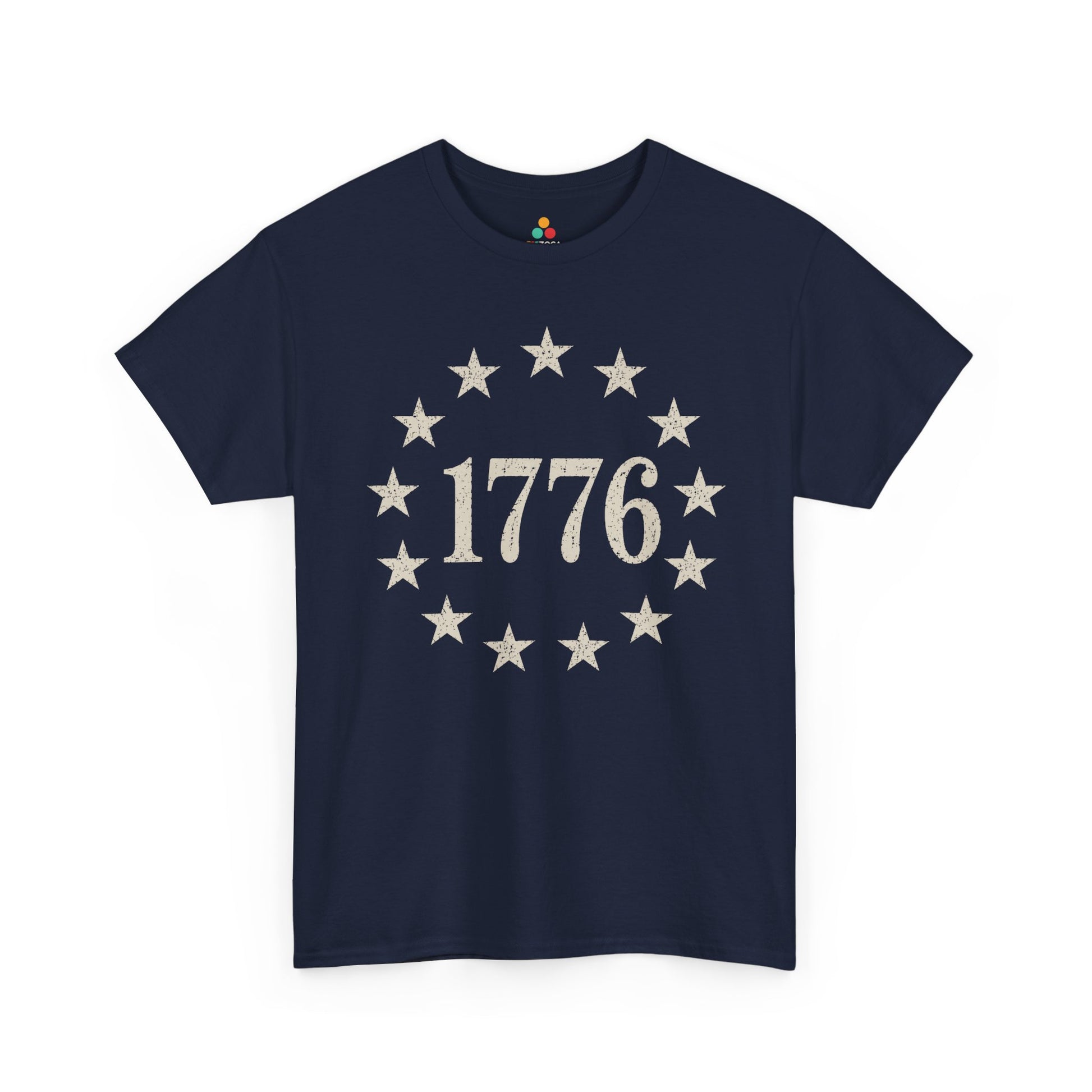 TEEZOCA 4th of July graphic tee showing a simple patriotic 1776 design with thirteen stars around the center.
