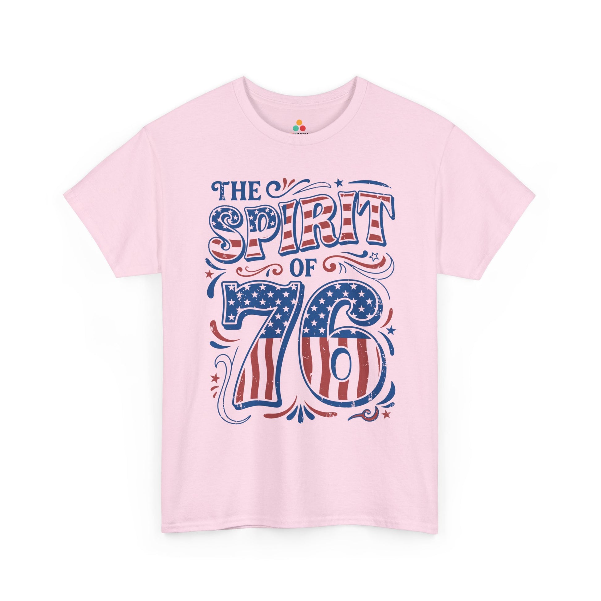 TEEZOCA 4th of July graphic tee with The Spirit of 76 slogan, flag-striped numbers, and vintage Americana character.
