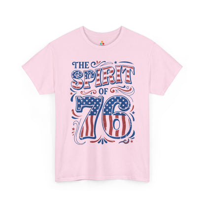 TEEZOCA 4th of July graphic tee with The Spirit of 76 slogan, flag-striped numbers, and vintage Americana character.
