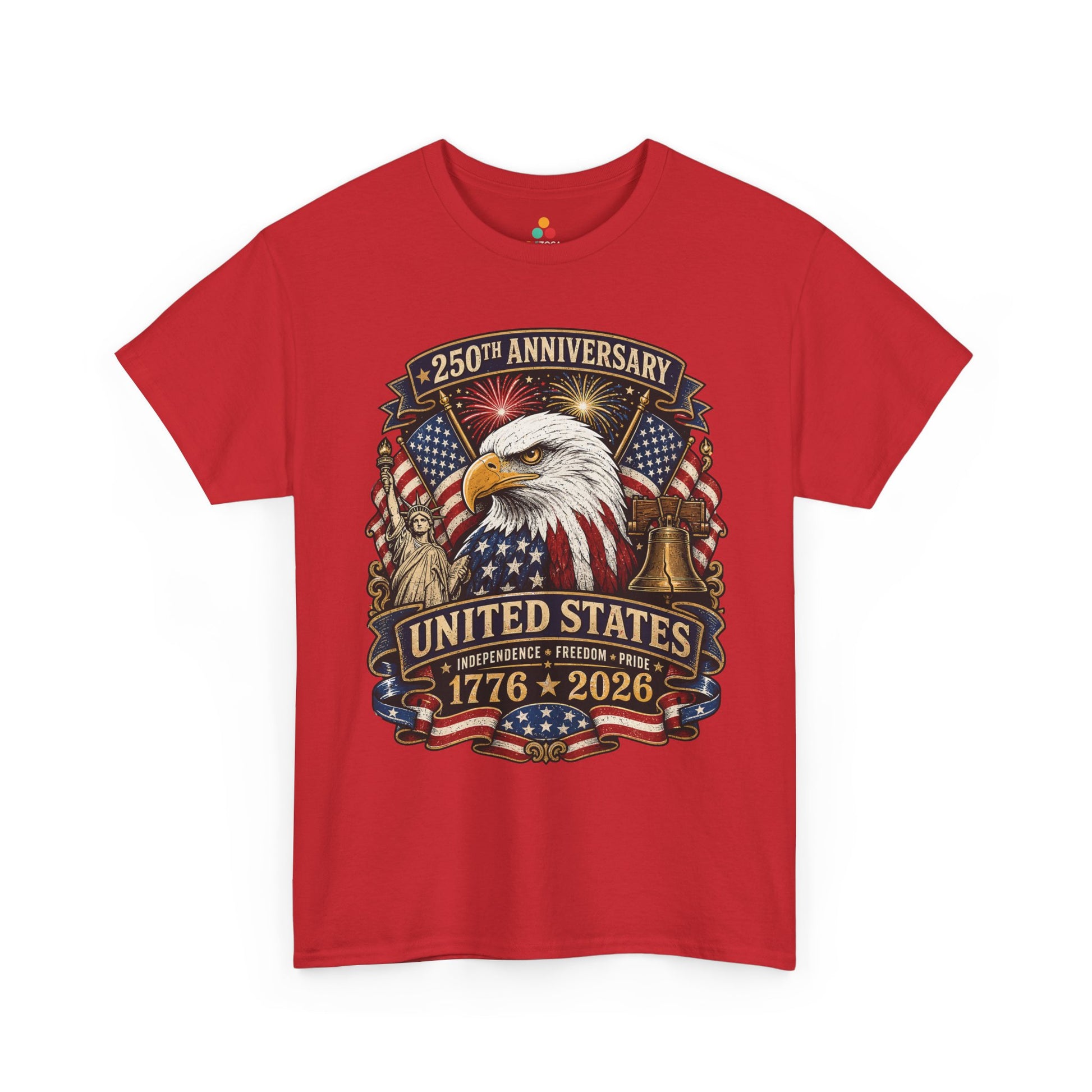 TEEZOCA 4th of July graphic tee with american pride shirt styling, gold banners, waving flags, and Independence Freedom Pride message.
