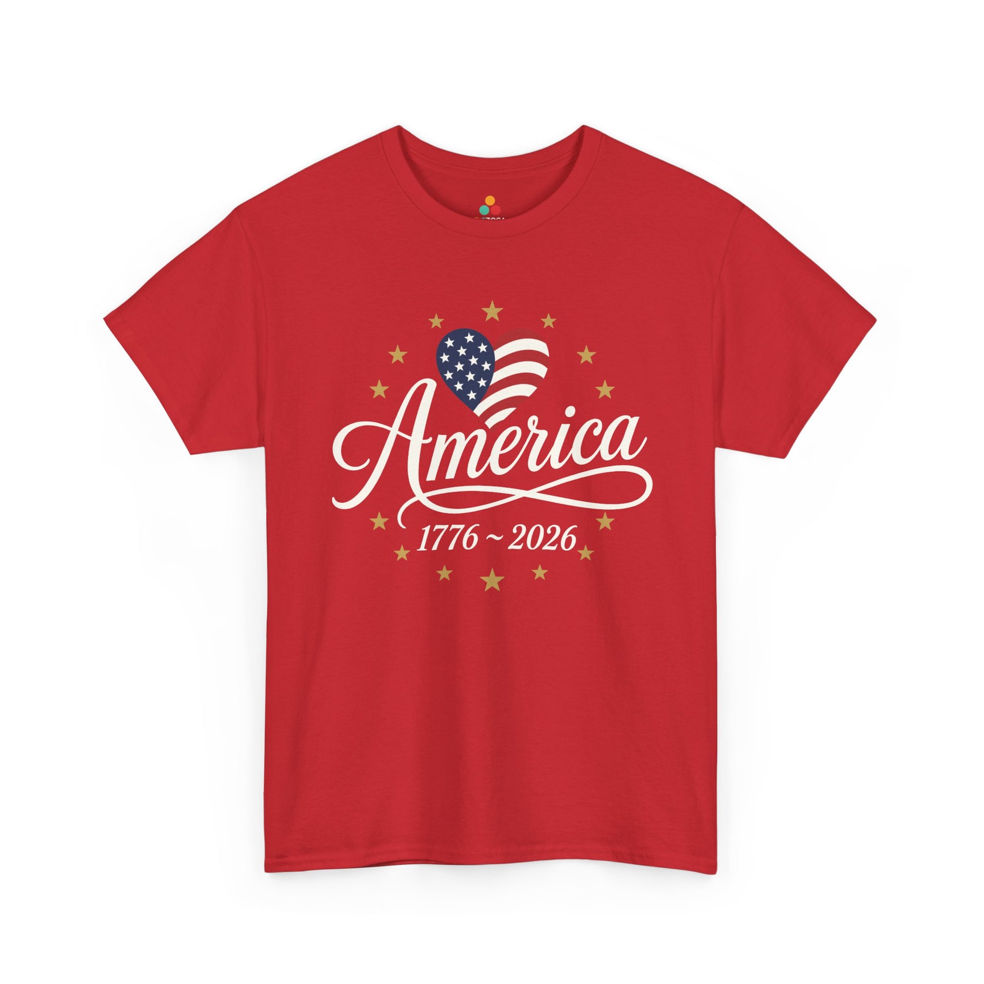 TEEZOCA 4th of July graphic tee with american pride shirt women styling, gold stars, cursive America text, and flag heart.
