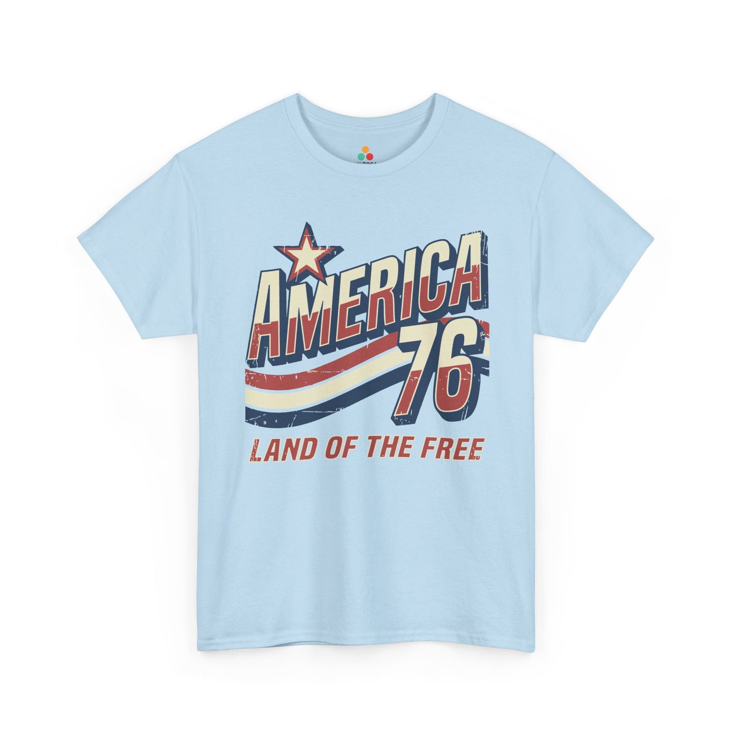 TEEZOCA 4th of July graphic tee with american vintage tee look, distressed America 76 text, patriotic star, and Land of the Free lettering.
