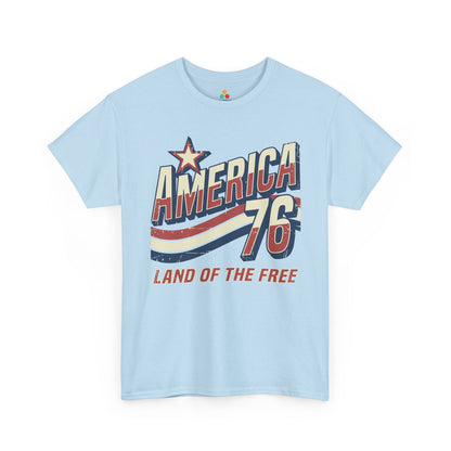 TEEZOCA 4th of July graphic tee with american vintage tee look, distressed America 76 text, patriotic star, and Land of the Free lettering.
