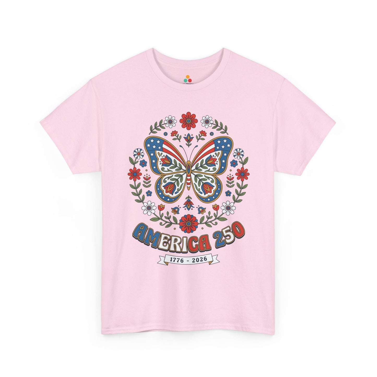 TEEZOCA 4th of July graphic tee with butterfly america shirt artwork, patriotic butterfly tee details, and premium floral America design.
