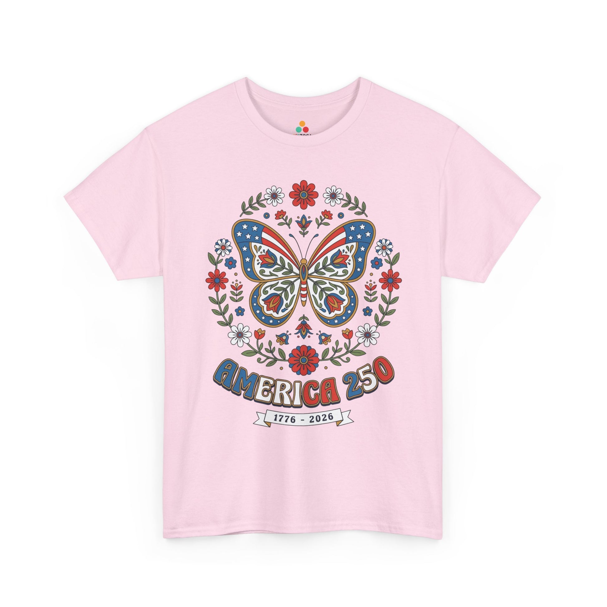 TEEZOCA 4th of July graphic tee with butterfly america shirt artwork, patriotic butterfly tee details, and premium floral America design.
