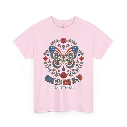 TEEZOCA 4th of July graphic tee with butterfly america shirt artwork, patriotic butterfly tee details, and premium floral America design.
