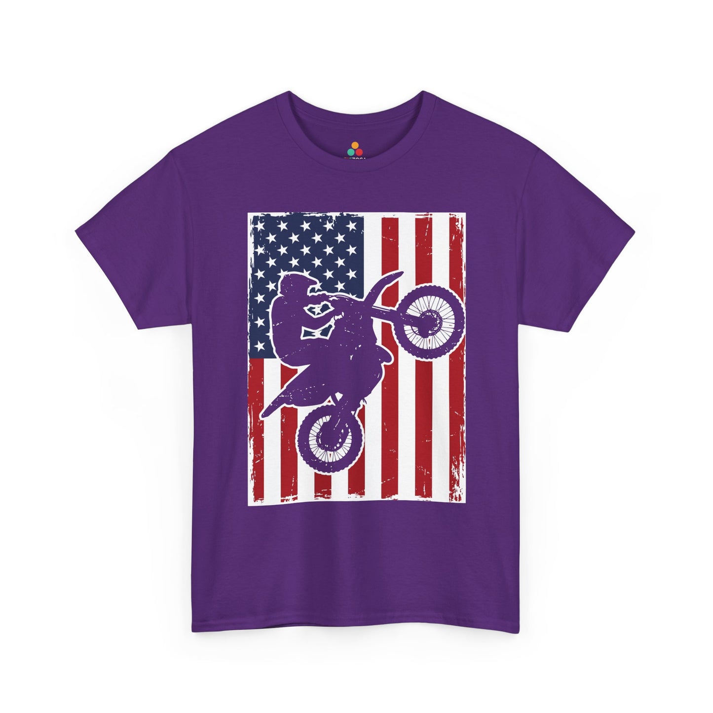 TEEZOCA 4th of July graphic tee with dirt bike racing shirts style and bold American flag backdrop.
