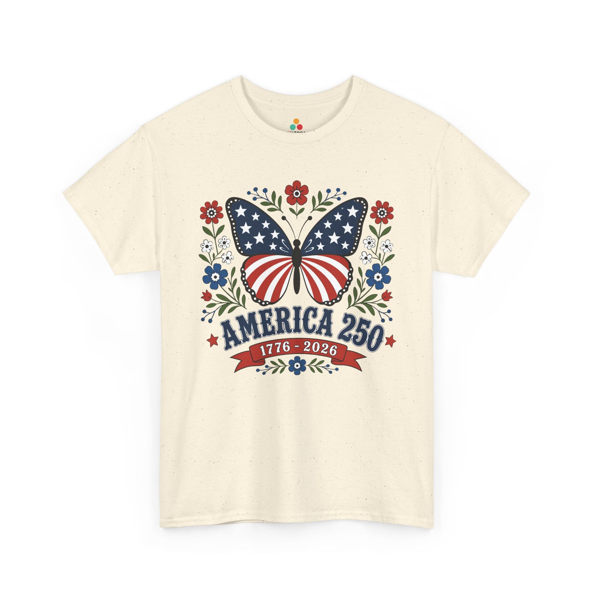 TEEZOCA 4th of July graphic tee with folk art patriotic shirt butterfly design, America 250 message, and botanical red white and blue details.
