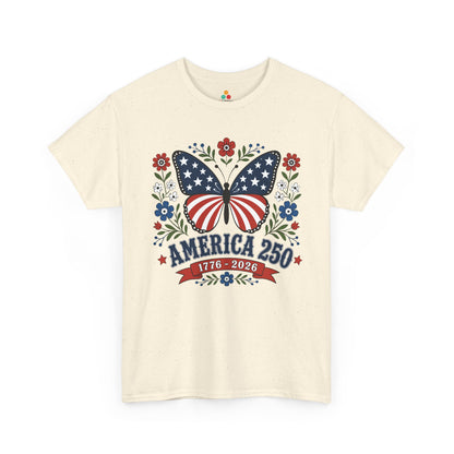 TEEZOCA 4th of July graphic tee with folk art patriotic shirt butterfly design, America 250 message, and botanical red white and blue details.
