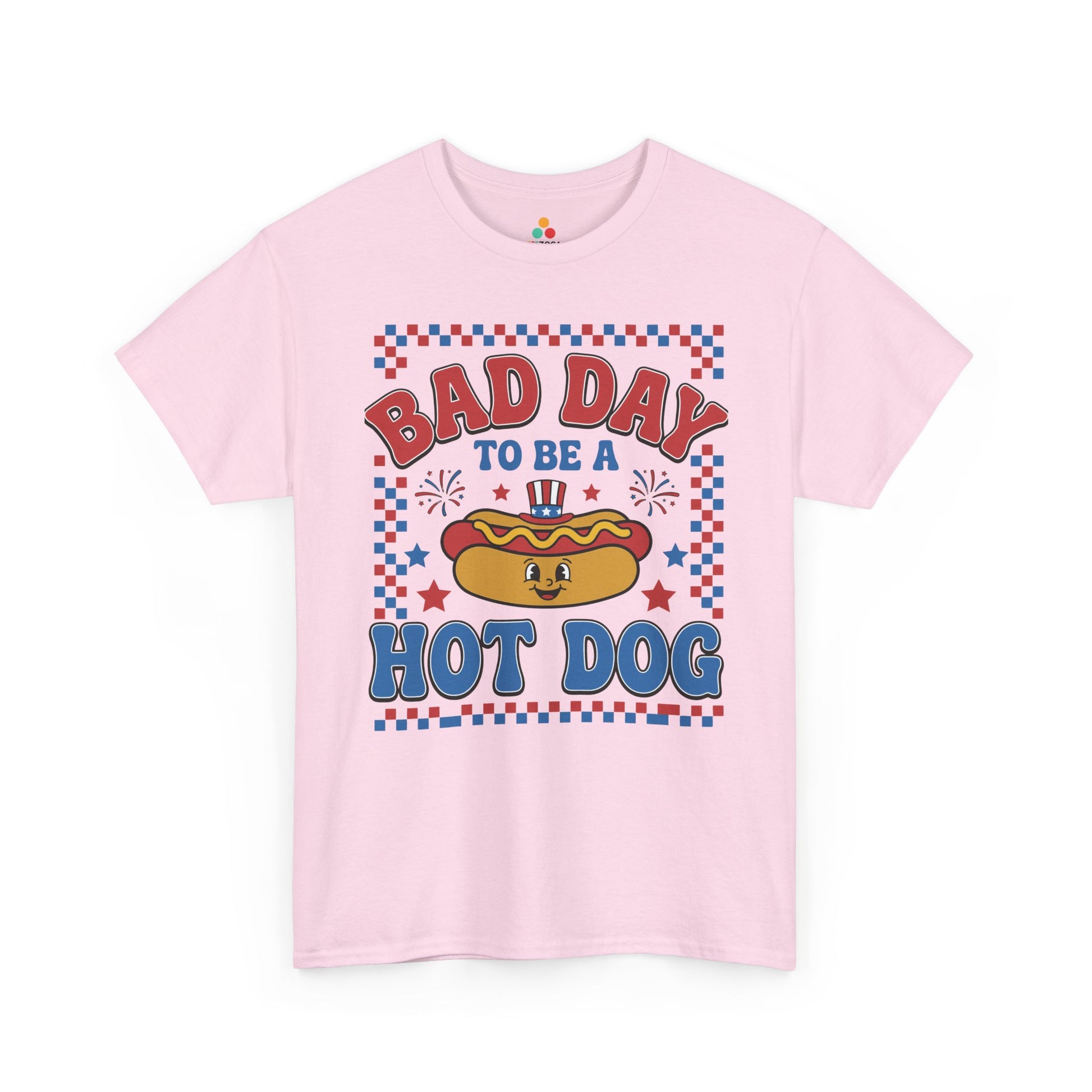 TEEZOCA 4th of July graphic tee with funny bbq shirt artwork, checkered border, Uncle Sam hat, and hot dog pun slogan.
