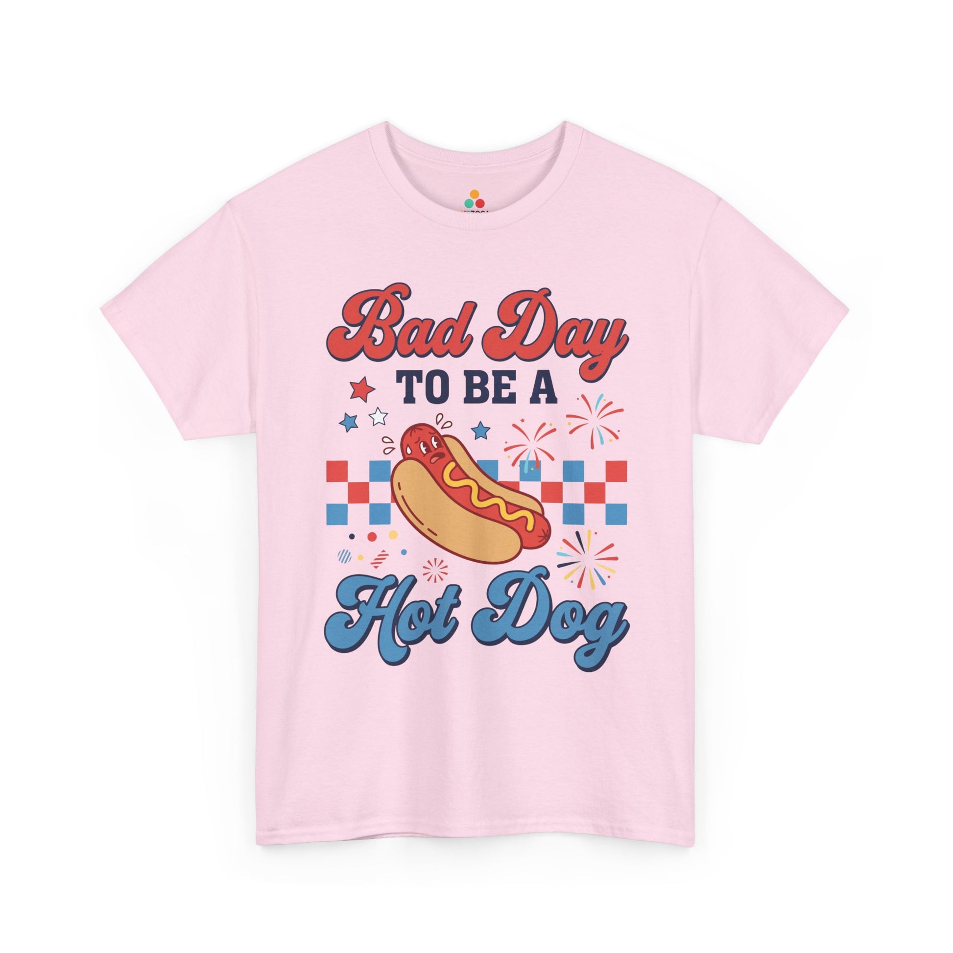TEEZOCA 4th of July graphic tee with groovy hot dog tshirt styling, funny BBQ humor, and a nervous cookout hot dog character.

