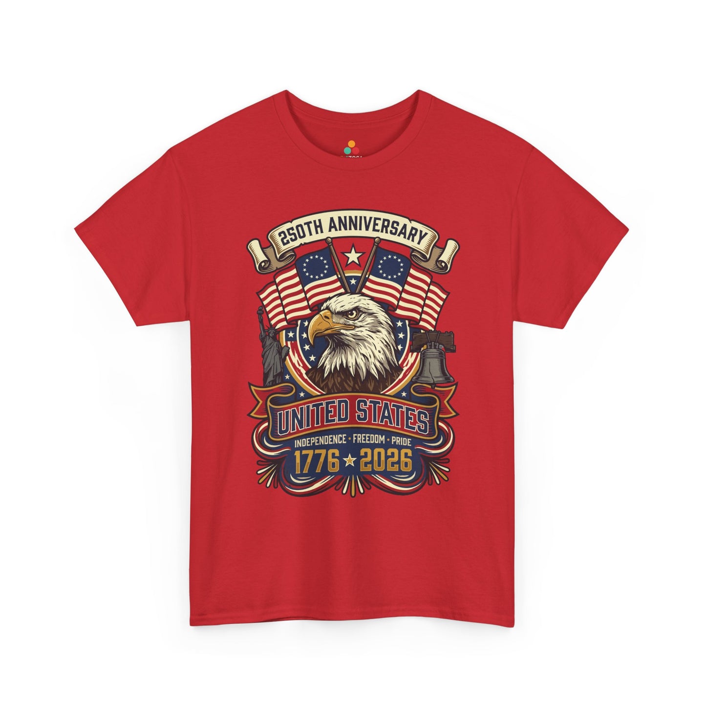 TEEZOCA 4th of July graphic tee with patriotic eagle shirt styling, red white and blue banners, stars, and premium commemorative artwork.
