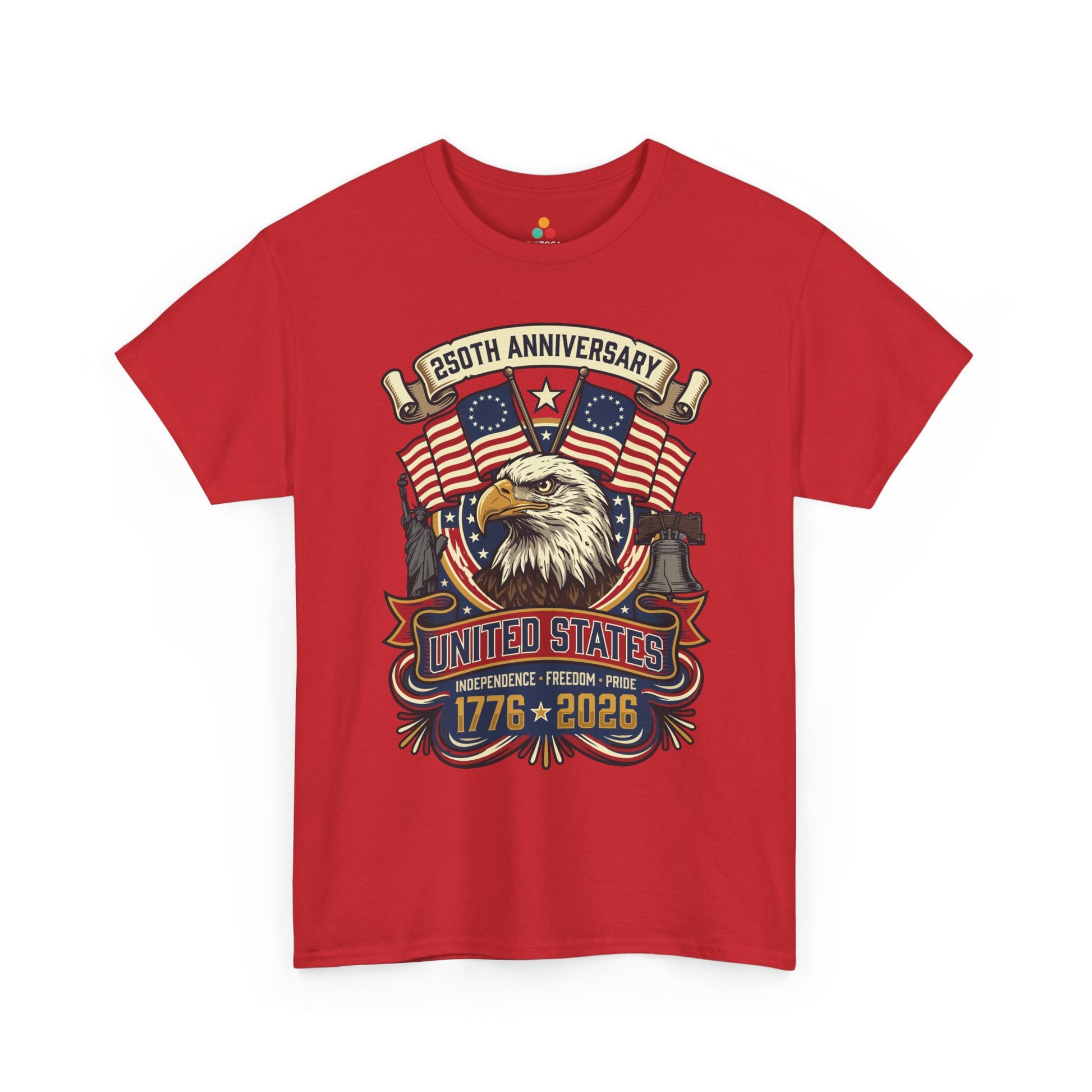 TEEZOCA 4th of July graphic tee with patriotic eagle shirt styling, red white and blue banners, stars, and premium commemorative artwork.

