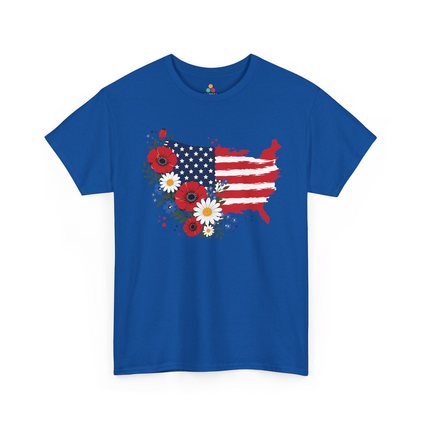 TEEZOCA 4th of July graphic tee with usa flag flower shirt artwork, brushstroke flag stripes, navy stars, and feminine floral accents.
